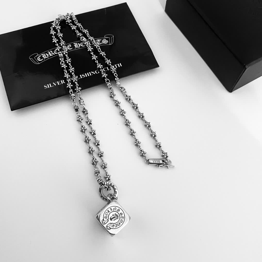 Chrome Hearts Christian Silver Plated Necklace with Logo Pendant Chrome Hearts Christian Silver Plated Necklace with Logo Pendant